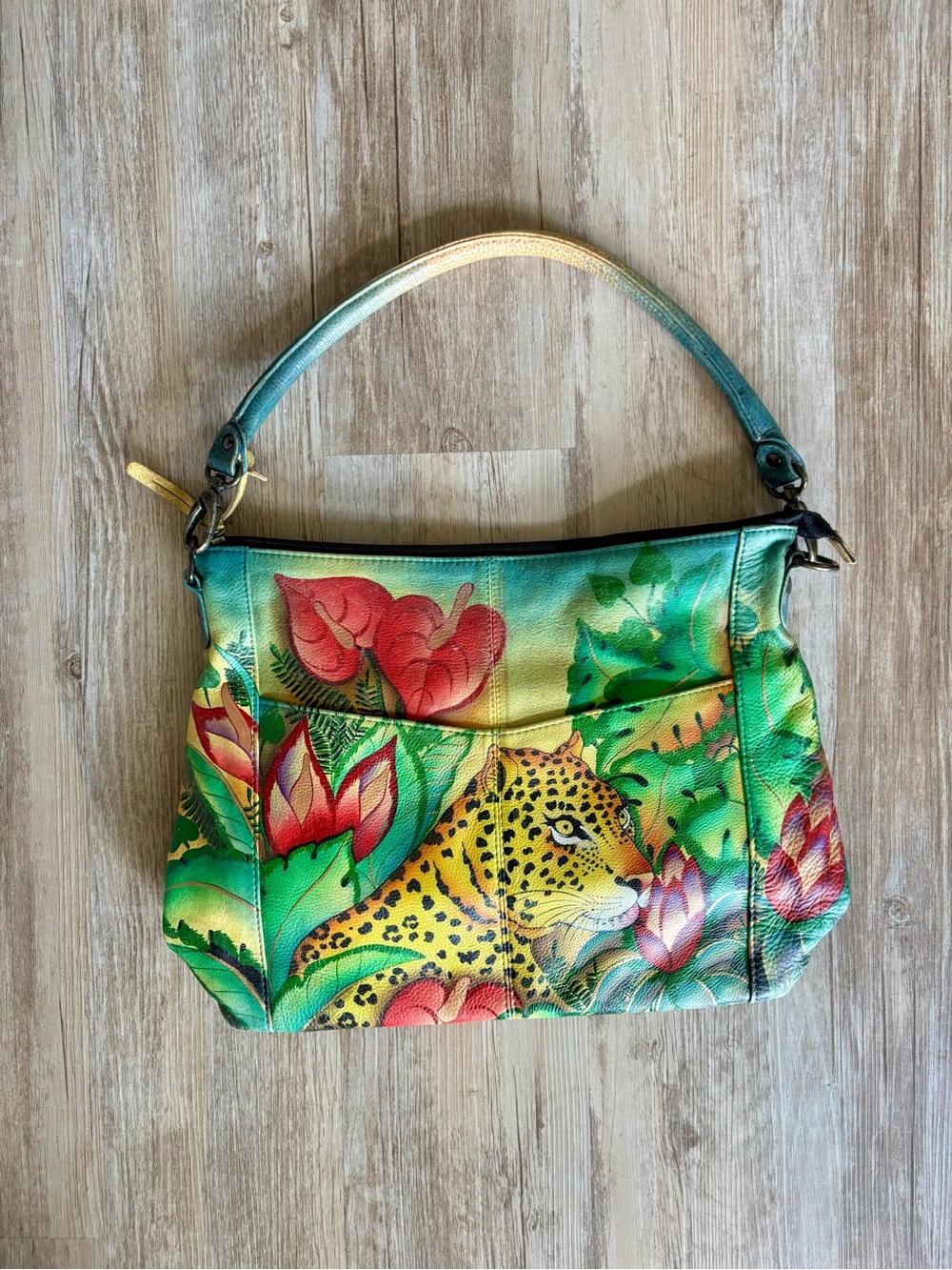 Anuschka Leather Hand Painted Leopard Bag 15in x 11in Great Condition